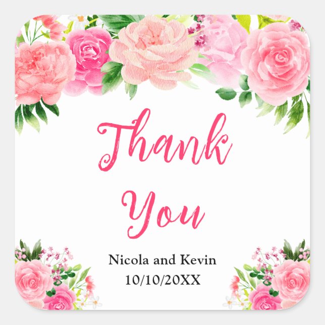 Pink Roses with Foliage Wedding Thank You Quadratischer Aufkleber (Vorderseite)