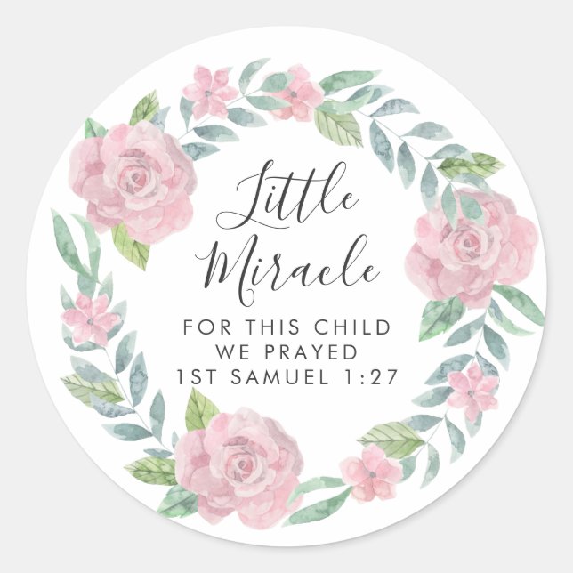 Pink Roses Wreath Little Miracle Scripting Runder Aufkleber (Vorderseite)
