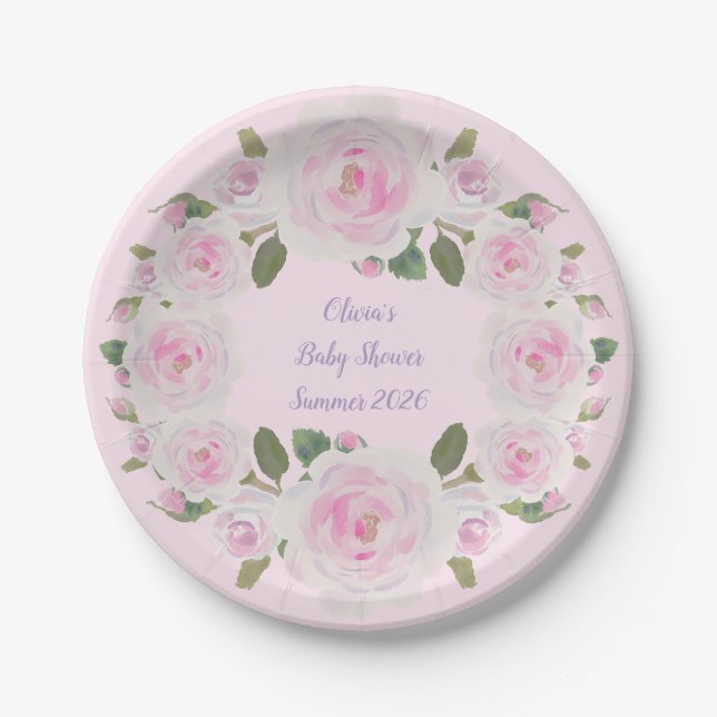 Pink Roses Wreath Name Paper Plate Baby Shower Pappteller (Vorderseite)