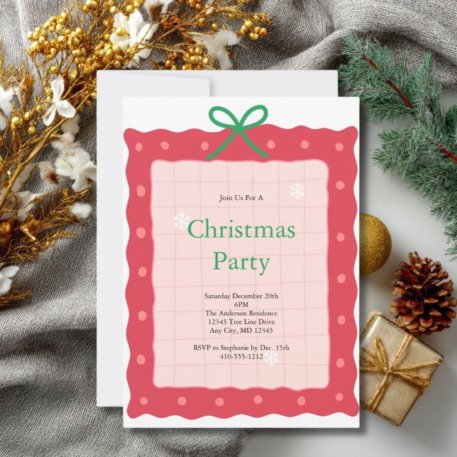 Pink Rot Grün Kokette Schleife Doodle Weihnachtsfe Einladung (Pink Red Green Bow Christmas Holiday Party invitation  Printed or Digital Downlaod)