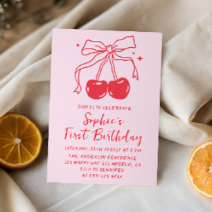 Pink & Roter Schleifen-Kirsch-Frucht 1. Geburtstag Einladung