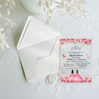 Pink Royal Floral Butterfly Twin Quinceanera Acryleinladungen