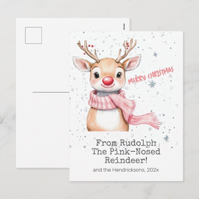 Pink Rudolph Reindeer Weihnachtskarte Feiertagspostkarte (Vorne/Hinten)