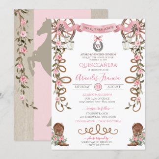 Pink Rustic Boho Western Charra Theme Quinceanera Einladung