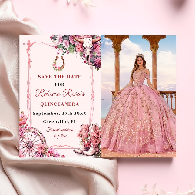 Pink Rustic Boho Western Charra Theme Quinceanera Save The Date (Von Creator hochgeladen)