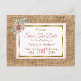 PInk Rustic Burlap Floral Wedding Save the Date Ankündigungspostkarte