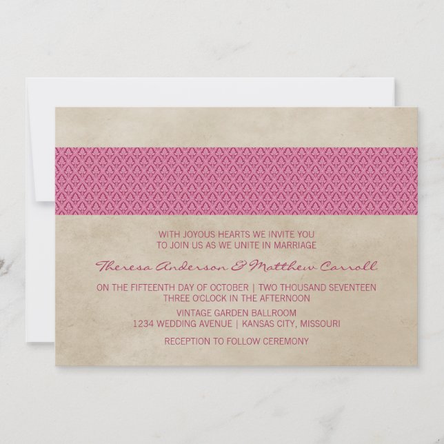 Pink Rustic Damask Wedite Einladung (Vorderseite)