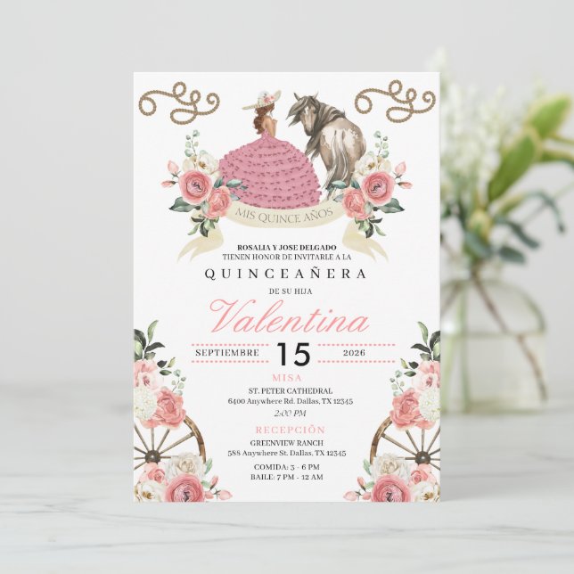 Pink Rustic Mariachi Cowgirl Western Quinceañera Einladung (Stehend Vorderseite)