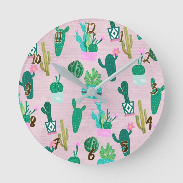 Pink Rustic Southwestern Cacti Cactus Pflanze Runde Wanduhr (Vorderseite)