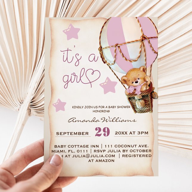 Pink Rustic Teddy Bear Girl Babydusche Einladung (Von Creator hochgeladen)