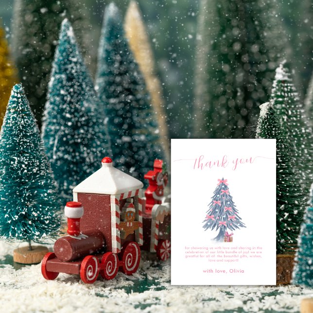 Pink Rustic Winter Bow Christmas Tree Baby Shower  Dankeskarte (Pink Rustic Winter Bow Christmas Tree Baby Shower Thank You Card)