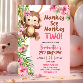 Pink Safari-Affe sieht Affen Zwei 2. Geburtstag Einladung