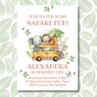 Pink Safari Animal Girl Jungle 1. Geburtstag Party Einladung