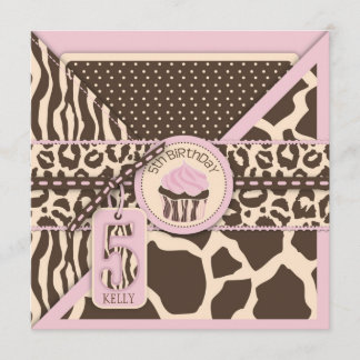 Pink Safari Animal Print & Cupcake 5. Geburtstag Einladung