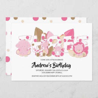 Pink Safari Animals 3. Geburtstag Party Einladung