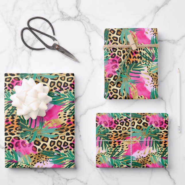 Pink Safari Animals' Fur Prints Patterns Spaß Geschenkpapier Set (Vorderseite)