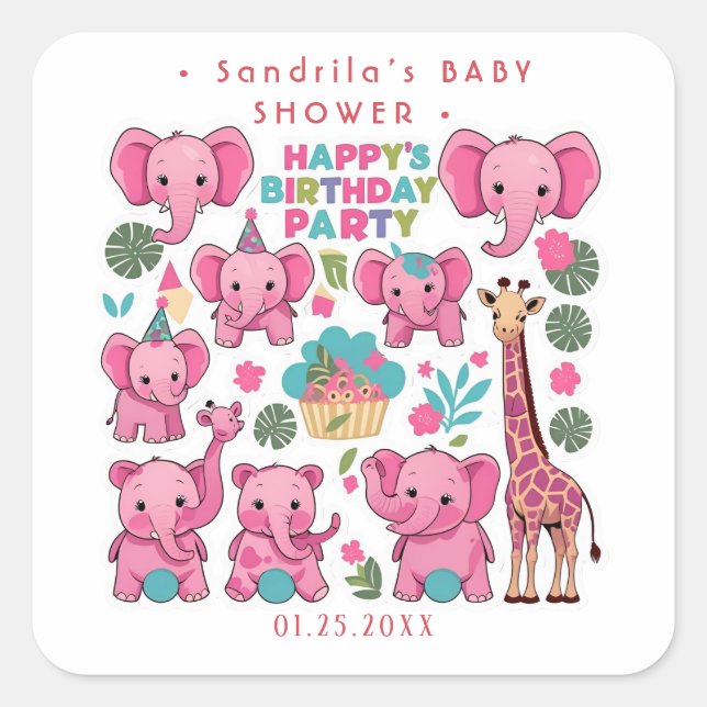 Pink Safari Animals Theme Girl Birthday Party  Quadratischer Aufkleber (Vorderseite)