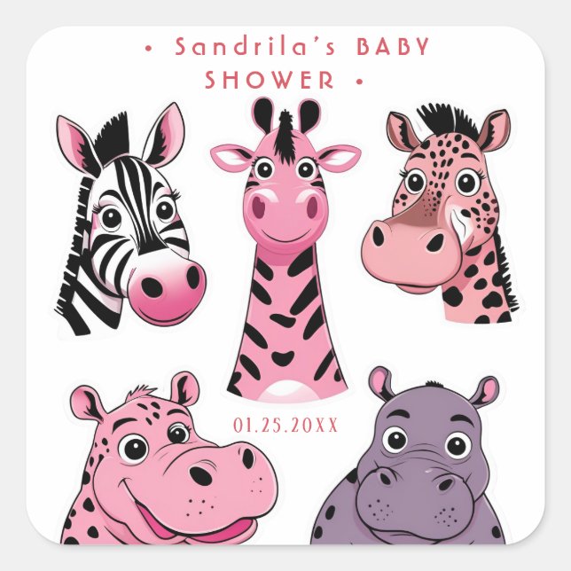 Pink Safari Animals Theme Girl Birthday Party  Quadratischer Aufkleber (Vorderseite)