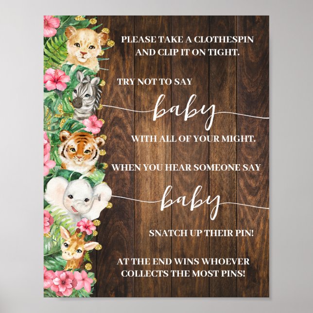 Pink Safari Don't Say Baby Clothespin Shower Game Poster (Vorne)