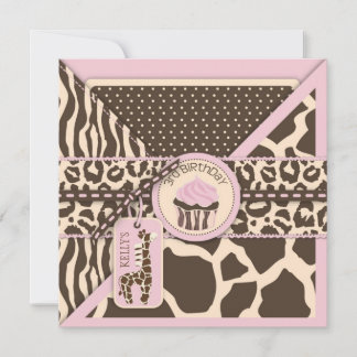 Pink Safari Giraffe & Cupcake Dritter Geburtstag Einladung