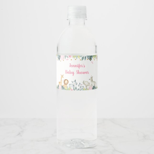 Pink Safari Jungle Baby Dusche Wasserflaschenetikett (Vorderseite)