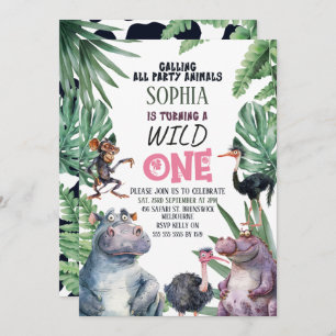 Pink Safari Tiere Wild 1. Geburtstag Einladung