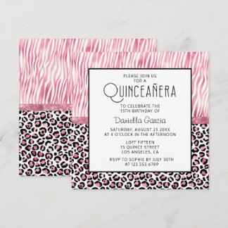 Pink Safari Tiger Leopard Shimmer Quinceañera Einladung