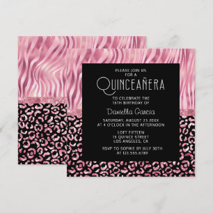 Pink Safari Tiger Leopard Shimmer Quinceañera Einladung
