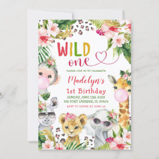 Pink Safari Wild One Girl Birthday Party Einladung