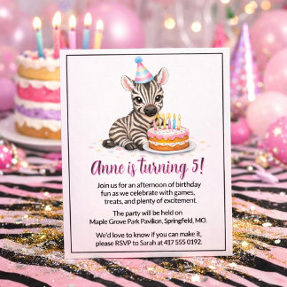 Pink Safari Zebra Mädchen Fünf Geburtstagsfeier  Einladung