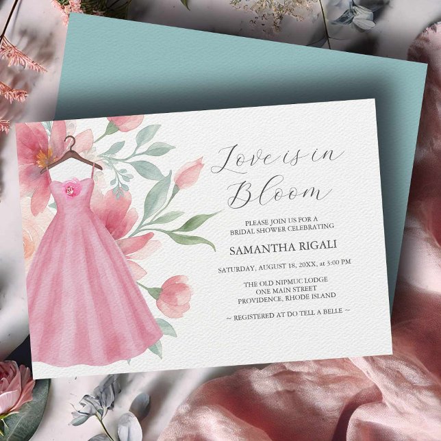 Pink & Sage Blue Bridal Dusche Einladungen online (Bridal shower invitations watercolor pink dress and flowers by Victoria Grigaliunas Do Tell A Belle)