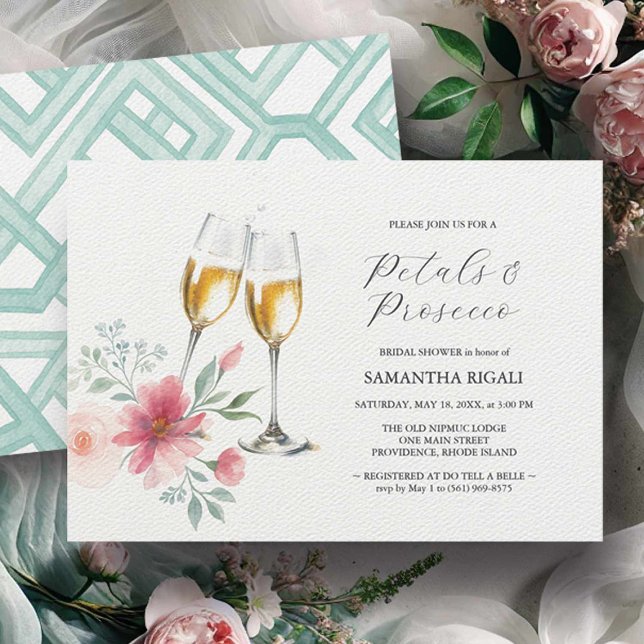 Pink & Sage Blue Petals & Prosecco Brautparty Einladung (Bridal shower invitations featuring a watercolor petals and Prosecco design by Do Tell A Belle)
