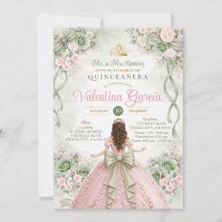 Pink & Sage Bow Ribbon Quinceañera XV Party Einladung