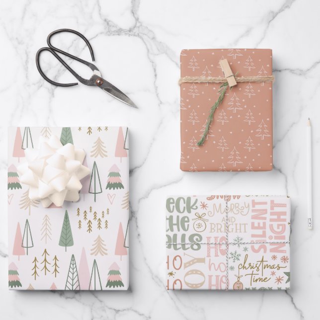 Pink Sage Green Boho Weihnachtsbaum Geschenkpapier Set (Vorderseite)