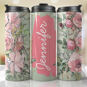 Pink Sage Green Floral Hinzufügen Name Custom Gesc Thermosbecher