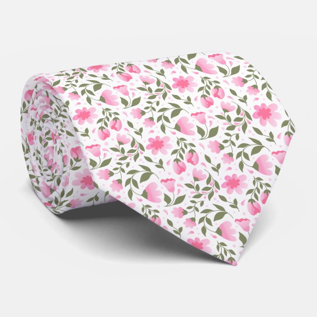 Pink & Sage Green Floral Muster  Krawatte (Gerollt)
