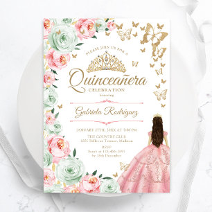 Pink Sage Green Floral Quinceanera Einladung