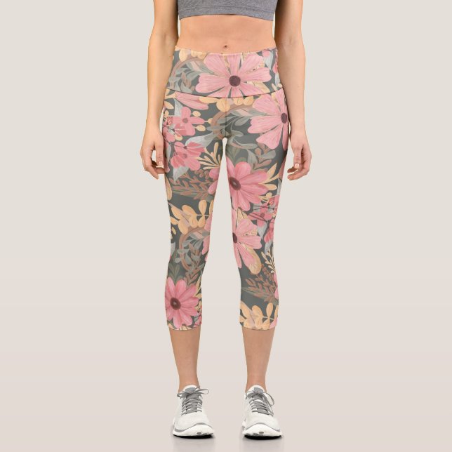 Pink Sage Green Flowers Leave Watercolor Capri Leggings (Vorderseite)
