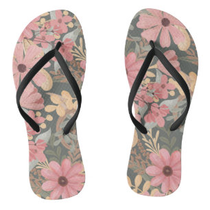 Pink Sage Green Flowers Leave Watercolor Flip Flops