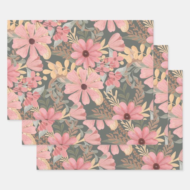 Pink Sage Green Flowers Leave Watercolor Geschenkpapier Set (Set)