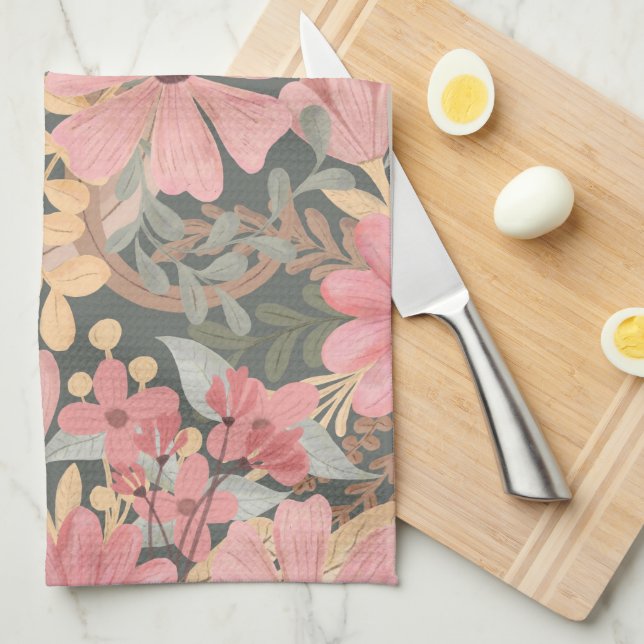 Pink Sage Green Flowers Leave Watercolor Geschirrtuch (Viertel Falte)