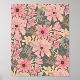 Pink Sage Green Flowers Leave Watercolor Poster