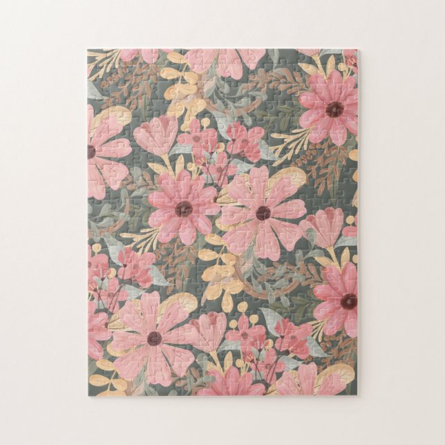 Pink Sage Green Flowers Leave Watercolor Puzzle (Vertikal)