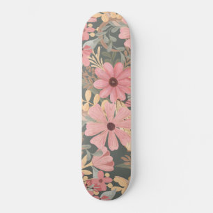 Pink Sage Green Flowers Leave Watercolor Skateboard