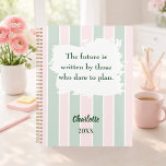 Pink sage green inspirational quote writing 2026 planer<br><div class="desc">Blush pink and sage green stripes with a white brush stroke. Inspiratiional,  motivational Quote:  The future is written by those who dare to plan.  Personalize and add your name and a year.</div>