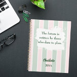 Pink sage green inspirational quote writing 2026 planer<br><div class="desc">Blush pink and sage green stripes with a white brush stroke. Inspiratiional, motivational Quote: The future is written by those who dare to plan. Personalize and add your name and a year.</div>