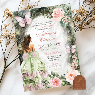 Pink Sage Green Whimsiswald Quinceanera Einladung