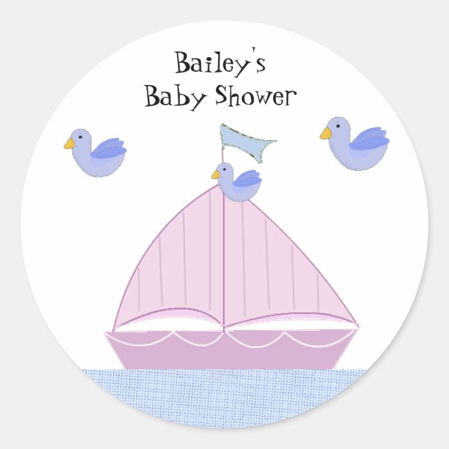 Pink Sailboat Personalisiert Babydusche Runder Aufkleber (Vorderseite)