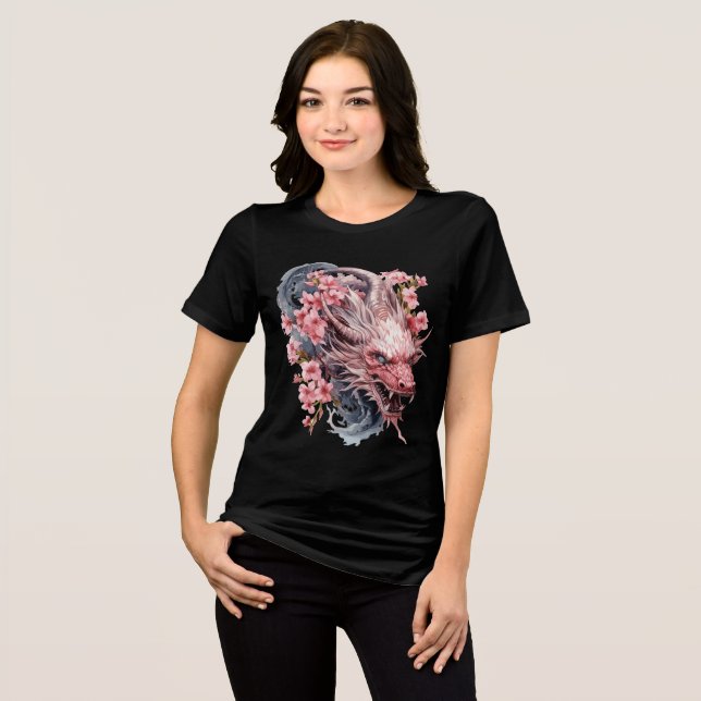 Pink Sakura Dragon with Flowing Mane Tri-Blend Shirt (Vorderseite voll)