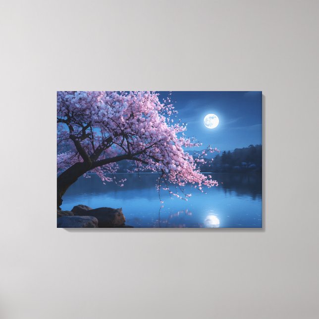 Pink Sakura Tree & Full Moon Night Canvas Print Leinwanddruck (Vorderseite)